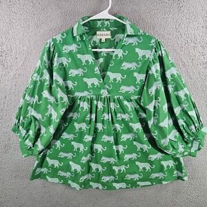 Sohana Green Cotton Leopard Print V-Neck Puff Sleeve Blouse Top Womens Small